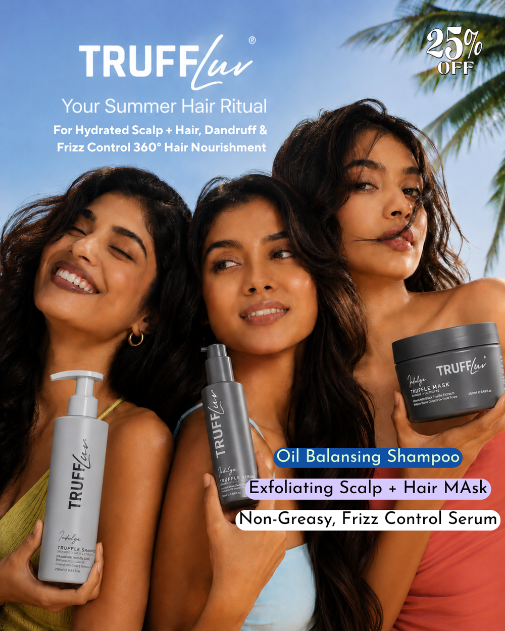 TruffLuv Summer Hair Ritual Combo — Truffle Shampoo + Truffle Serum + Truffle Mask | Oil Balancing, Scalp Exfoliation & Frizz Control
