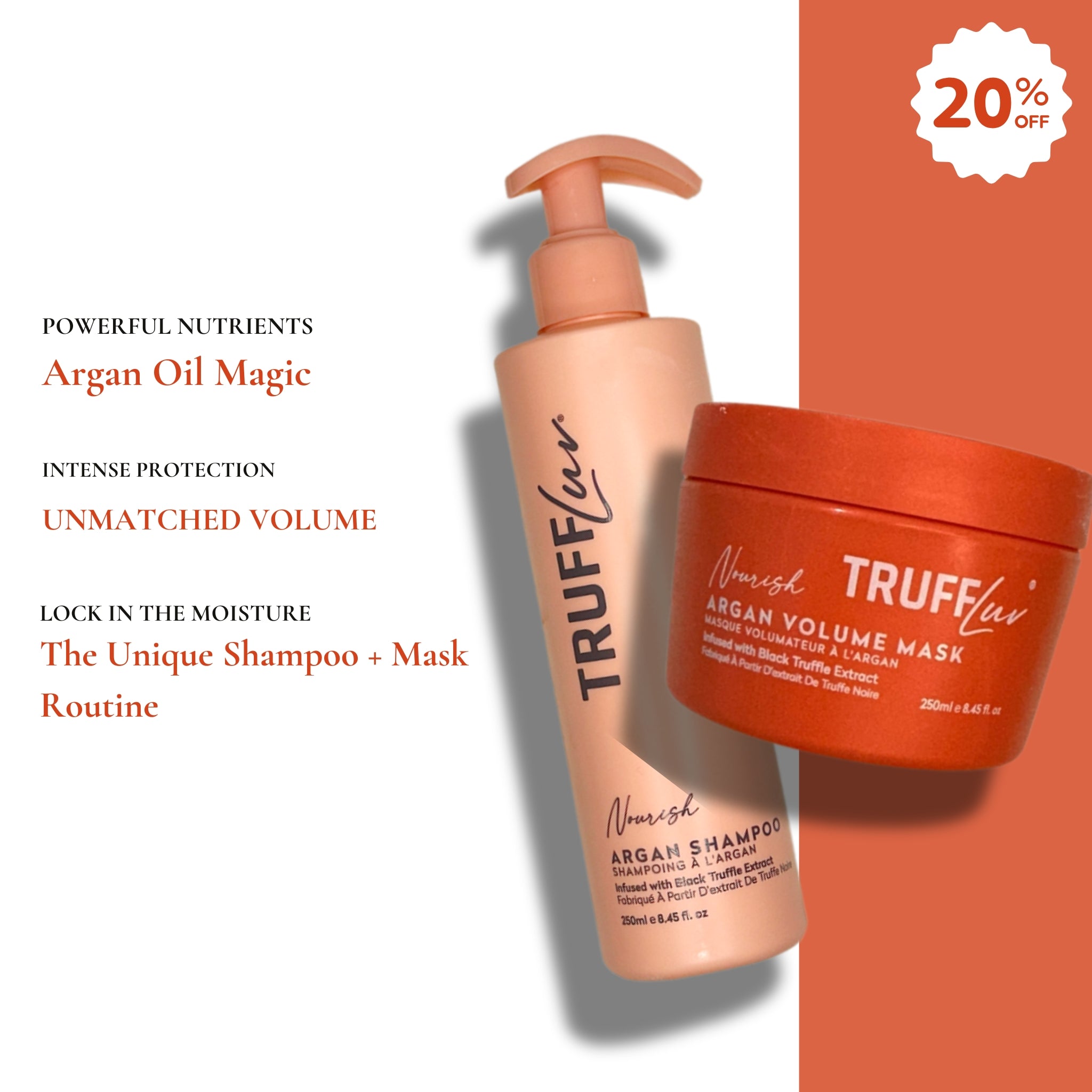 a unique combination of argan shampoo and argan oil volume mask to give you the total haircare experience at home.