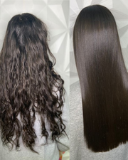 Before and after hair transformation using TruffLuv - frizzy wavy hair transformed to smooth shiny straight hair