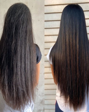 Before and after hair transformation with TruffLuv - dry damaged hair transformed to smooth glossy hair