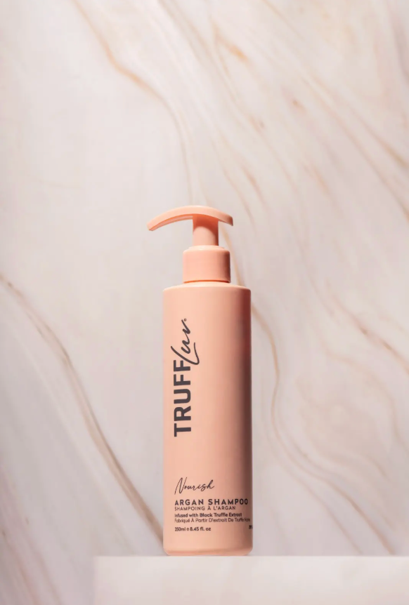 TruffLuv Argan Oil Shampoo pump bottle infused with black truffle extract for nourished hair