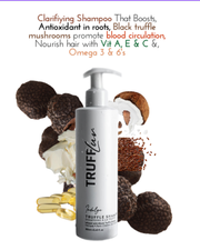 TruffLuv Clarifying Truffle Shampoo with black truffle mushrooms, coconut, Vitamin A E C and Omega 3 6 for scalp antioxidant care