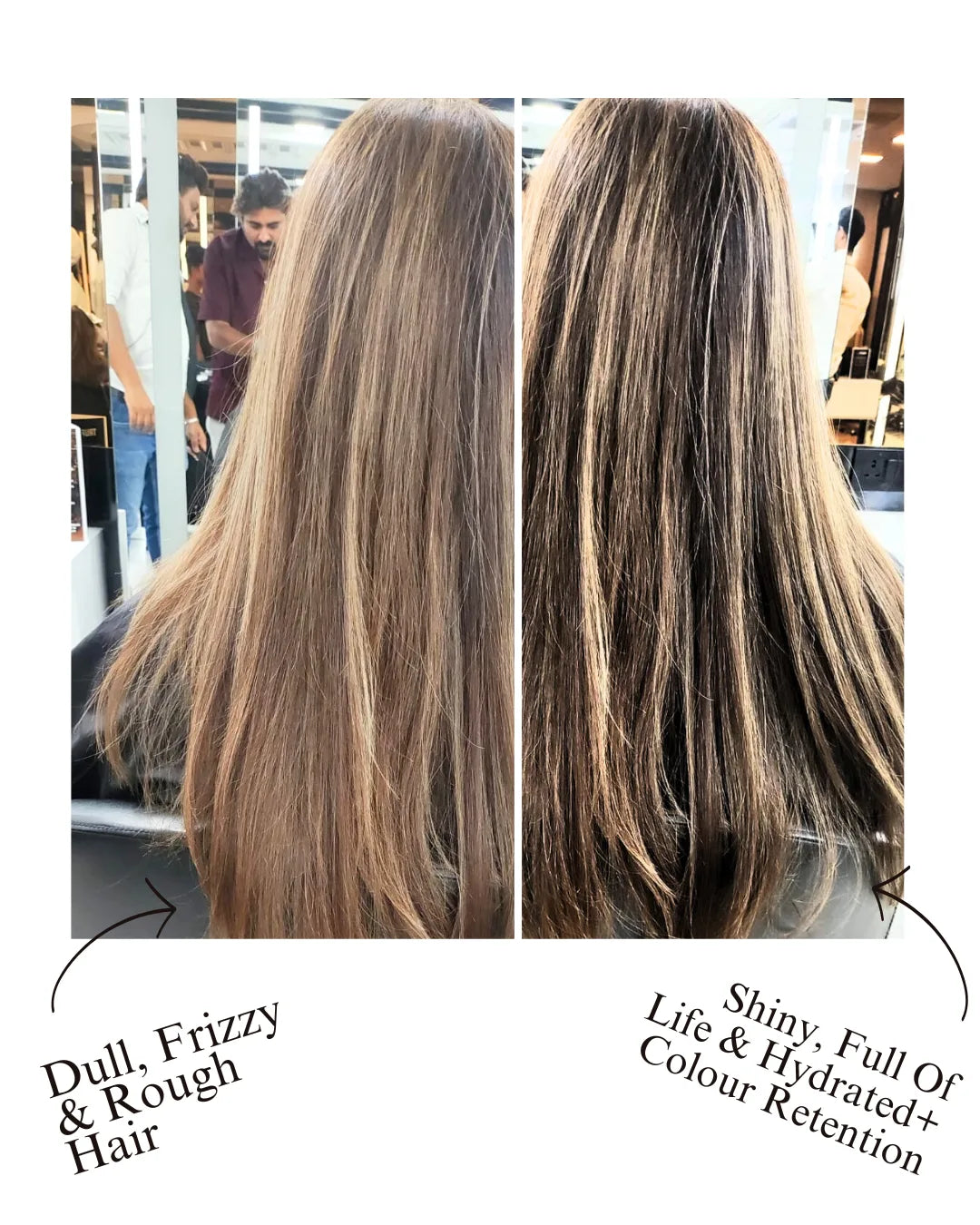 Before and after Truffle Hair Mask - dull frizzy hair to shiny hydrated hair