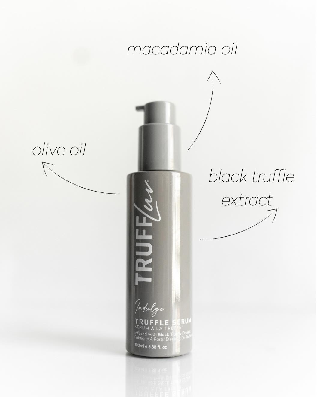 black truffle hair serum contains ingredients like macadamia nut oil. black truffle extract & olive oil